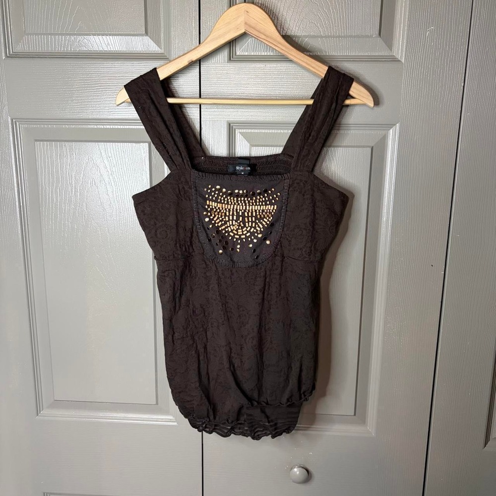 Style & Co Womens Brown Beaded Studded Y2K Boho Cami Tank Top Size M